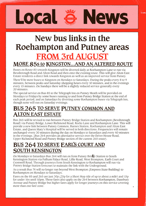 Putney changes 1985, click for Route 85 timetable