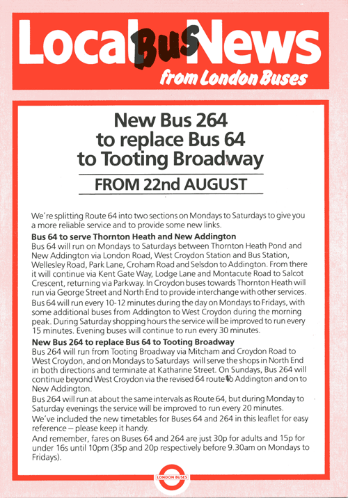 1987 leaflet for new Route 264, click here for timetable