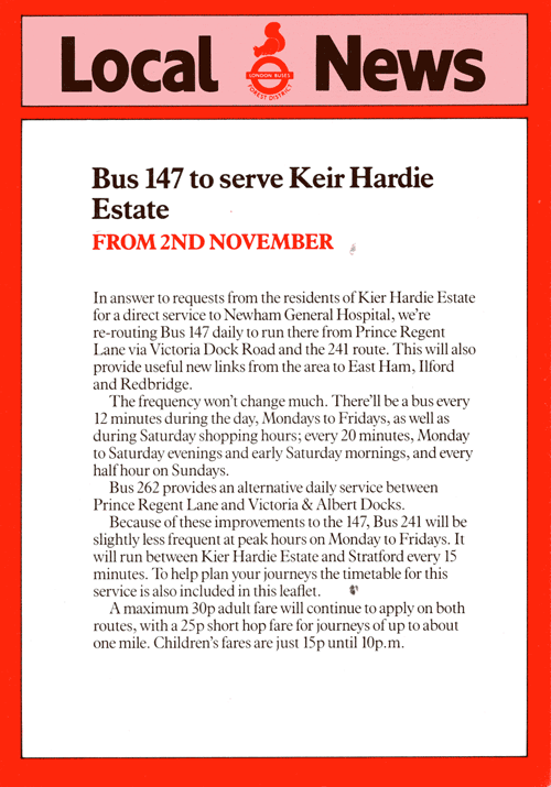 November 1985 leaflet, click for times