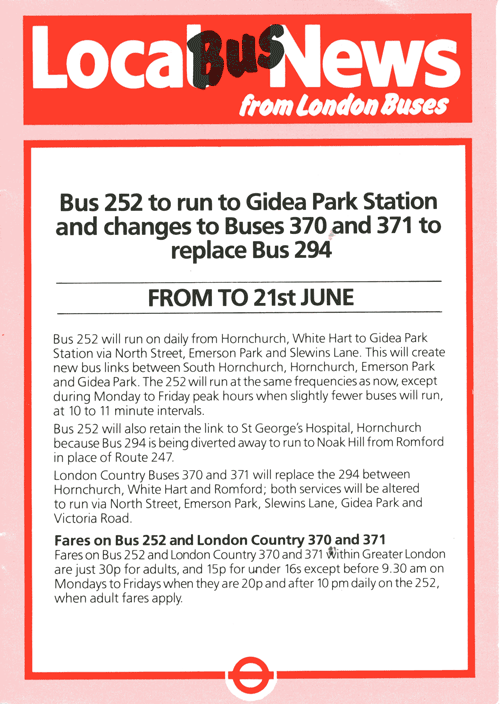 252 changes June 1986, click for 252 timetable
